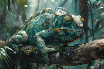 A green chameleon is perched on a branch in a lush rainforest. AI.