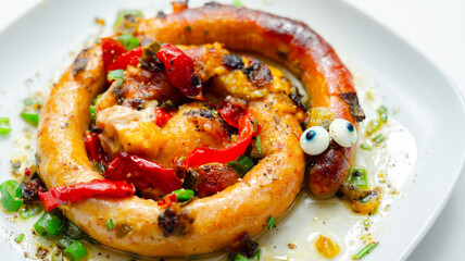 A plate of food with a sausage that has eyes on it