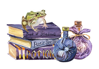 Stack of books of magic with a frog on it and potion bottles illustration.Halloween concept watercolor clipart isolated on white.
