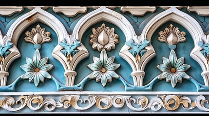 Ornate floral arch designs with intricate patterns, blue and white hues