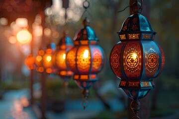 Colorful lamps hanging from a tree in a festive outdoor setting.