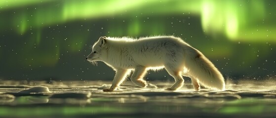 Obraz premium A majestic white arctic fox walks across the icy tundra. AI.