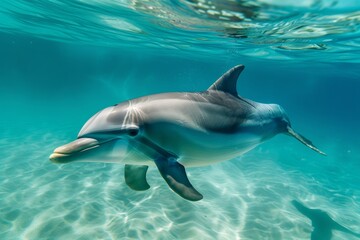 Naklejka premium A bottlenose dolphin swims gracefully in crystal-clear turquoise waters, its sleek body and playful expression captured in stunning underwater detail.