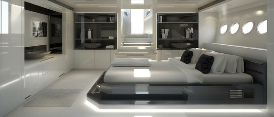 Obraz premium Luxurious yacht bedroom with a large bed, TV, and plenty of storage space. AI.