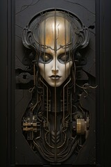 black and golden abstract metal relief with surreal face fragments