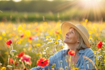 A woman in a sun hat enjoys a vibrant wildflower meadow on a sunny day, her face turned upward with a serene expression.