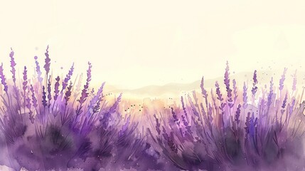 Beautiful watercolor painting of lavender fields at sunrise, showcasing serene and tranquil natural scenery with soft purple hues and misty horizon.