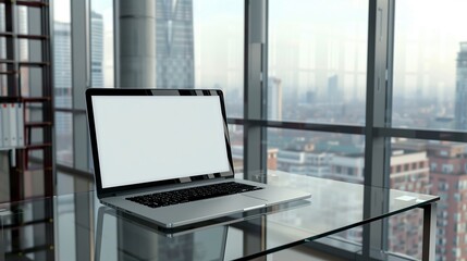Blank tab screen on a high-end laptop, placed on a glass desk in a contemporary office with floor-to-ceiling windows offering a cityscape view