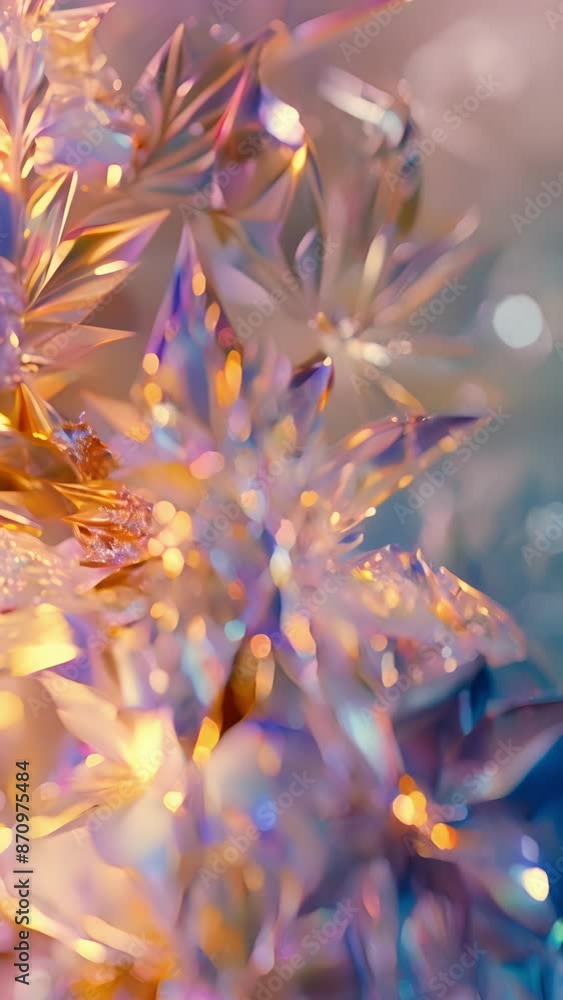 Poster an abstract representation of ice crystals shimmering with a rainbow of colors.