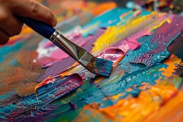 Fototapeta premium A paintbrush applying vibrant colors on a canvas, creating a swirling abstract artwork with rich textures and blended hues.