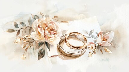 Elegant wedding rings with floral arrangement, perfect for romantic occasions and wedding invitations.