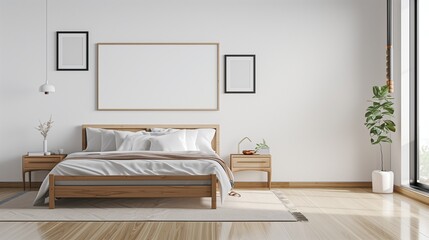 Bright, airy bedroom with a blank mockup frame on the wall, a simple wooden bed, and a light rug on polished wooden floors.