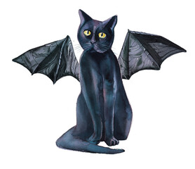 Black cat with bat wings illustration.Halloween concept watercolor clipart.