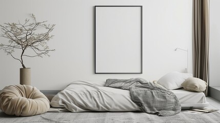 Clean, modern bedroom featuring a blank frame on a white wall, minimalist bed, and a soft gray area rug underfoot.