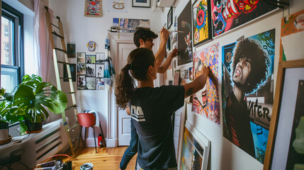 Friends Hanging Posters and artwork on the walls