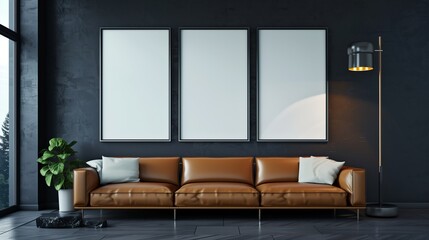 Contemporary living room with three blank poster frames on a dark accent wall, a leather sofa, and a sleek floor lamp, creating a sophisticated and modern vibe.