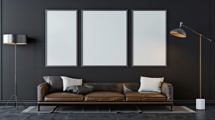 Contemporary living room with three blank poster frames on a dark accent wall, a leather sofa, and a sleek floor lamp, creating a sophisticated and modern vibe.