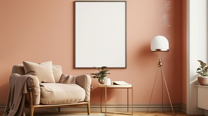 Cozy reading nook with a blank poster frame on a soft-toned wall, a comfortable armchair, and a small side table with a lamp, creating a perfect reading spot.