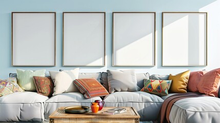 Cozy living room featuring three blank poster frames on a light blue wall, a comfy couch with colorful throw pillows, and a wooden coffee table, with sunlight streaming in.