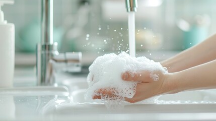 Fototapeta premium Close-up of hands washing with soap and water in a sink.