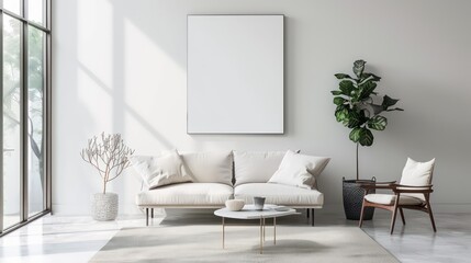 Fototapeta premium light interior design with empty wall and copy space for wall art mockup, minimalistic, modern, scandinavian