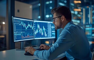 Obraz premium Analyst employs a computer, technology, business analysis, and data.