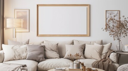 Horizontal mockup frame hanging above a cozy couch in a living room with neutral tones and soft lighting.