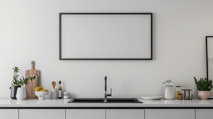 Horizontal mockup frame in a bright kitchen above sleek countertops and minimalist cabinetry.