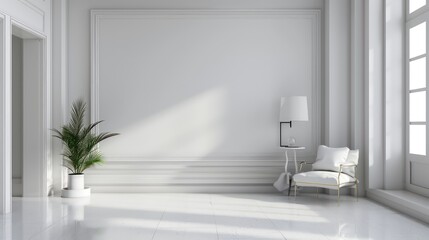 cool light interior design, minimalistic modern scandinavian style, empty wall, blank canvas, mockup template, copy space
