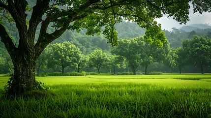 A lush green rice field with large trees on the side.