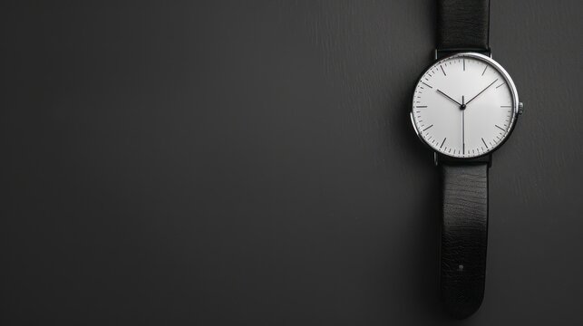 Elegant black leather watch with minimalist white dial on dark background.