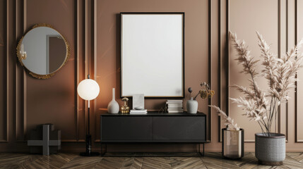 black commode, lamp, decoration on the wall, books and elegant personal accessories. Home decor. 