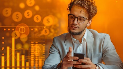 A businessman uses the smartphone investing concept to invest money.