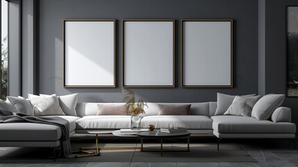 Modern living room with three blank poster frames on a sleek grey wall, a comfortable sofa, and a minimalist coffee table, creating a stylish and inviting space.
