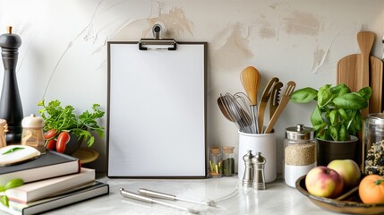Modern kitchen counter with a blank white mockup page on a clipboard, next to a recipe book, utensils, and fresh ingredients ready for cooking.