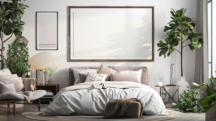 Spacious bedroom with a blank mockup frame above a minimalist bed, surrounded by elegant, simple decor and a touch of greenery.