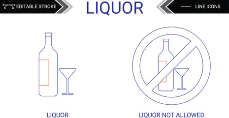 Liquor and no liquor line icon with editable stroke_Alcohol_Bottle_Template_ Safety_Symbol_Prohibition sign_Designated drinking area_Drinking permitted_Drinking not permitted_Drink_Label_Beverage