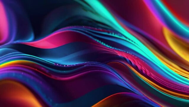 Colorful wavy background in bright blue, orange, green and red color. Halographic gradient. Multicolor metallic surface. Modern colorful wallpaper. Seamless loop animation. 3d rendering