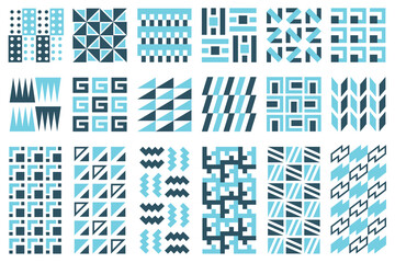 Geometric design patterns in light and dark blue colors. Abstract flat mosaic geometrical reapitable patterns collection for your design projects.
