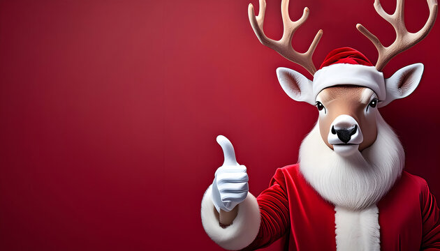 reindeer, thumb, up, christmas, xmas, neu, weihnachtsmann, kost&uuml;m, m&uuml;tze, mantel, rote, weihnachts-, tier, spa&szlig;ig, freudig, copy space, gestalten, entwerfen, kreativ, 3d, deer, daumen, Geweih, Bommel,