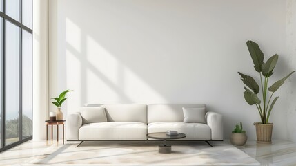 scandinavian interior, minimalistic interior with empty wall, copy space, blank canvas on wall for wall art, mockup template