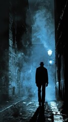 Fototapeta premium Mysterious silhouette in smoky alley under lamp at night, wearing hat.