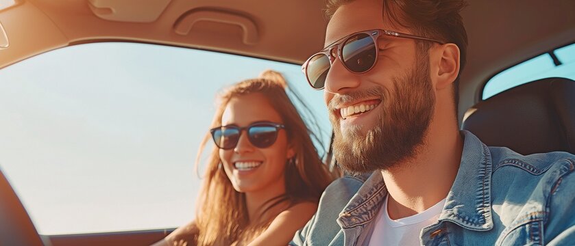 A happy young couple takes pictures during a car road trip.