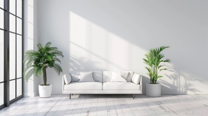 modern scandinavian interior living room with chair or sofa and blank wall, empty wall, blank canvas, copy space, bright interior