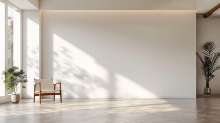 Fototapeta premium modern scandinavian interior living room with chair or sofa and blank wall, empty wall, blank canvas, copy space, bright interior