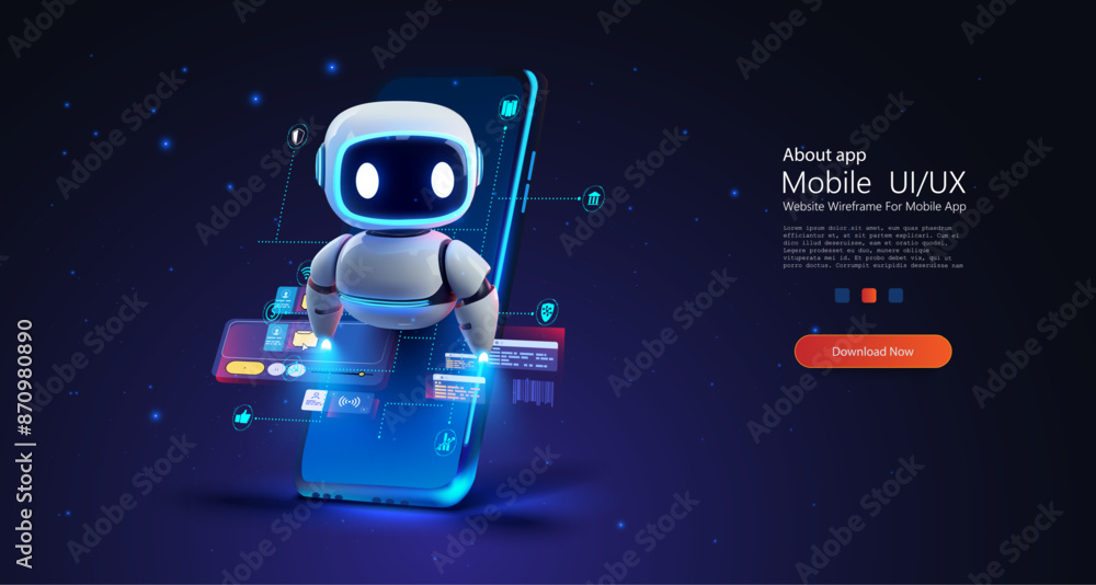 Poster a blue charming robot character engages with a smartphone, highlighting the fusion of ai and everyda