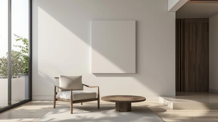 modern scandinavian interior living room with chair or sofa and blank wall, empty wall, blank canvas, copy space, bright interior