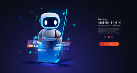 A blue charming robot character engages with a smartphone, highlighting the fusion of AI and everyday technology, ideal for themes of future innovations in robotics and mobile apps. Chat bot concept.