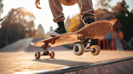 A skateboarder mid-trick, with focus on the skateboard and their legs