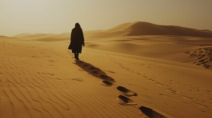 A solitary figure in a long coat walking through endless sand dunes, with only their footprints behind them